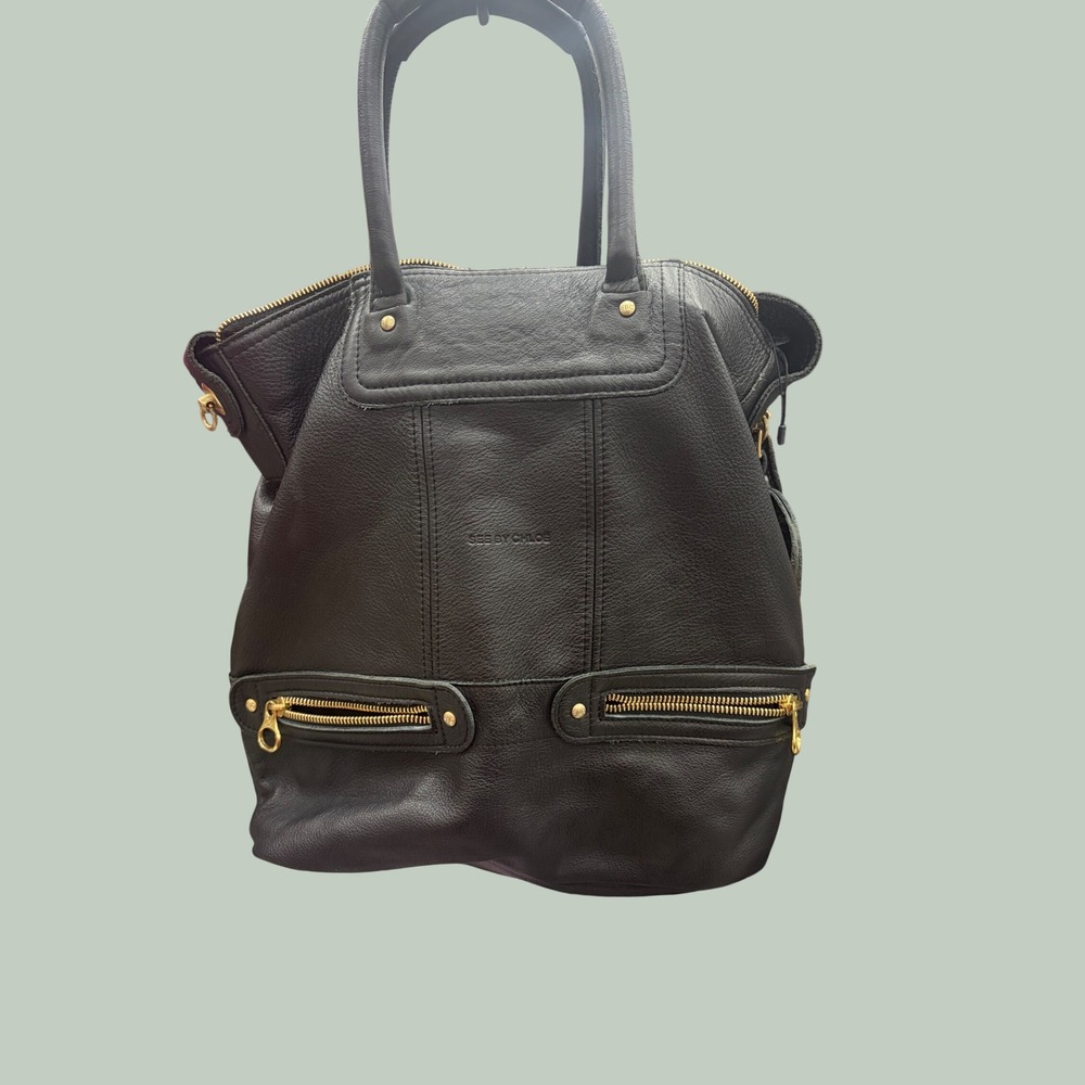 See by Chloe Black Pebbled Leather Satchel Handbag Gold Hardware Medallion